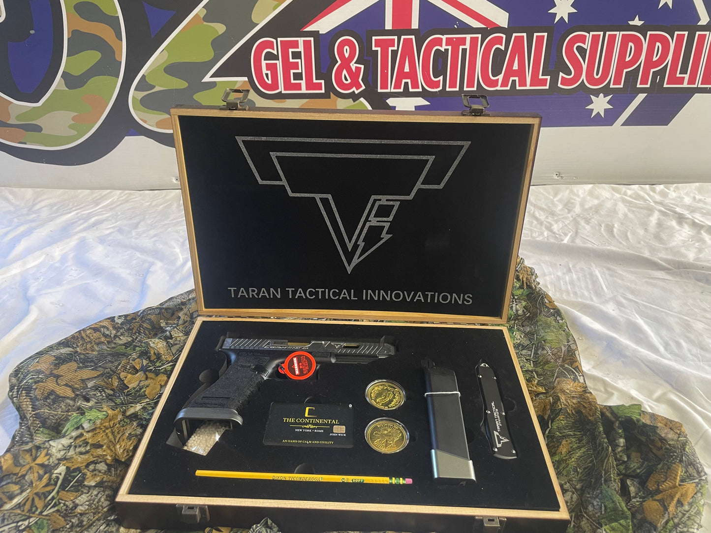 Double Bell Glock 34 TTI Style John Wick Pistol – Silver Slide GBB Gel Blaster with Premium Wood Case