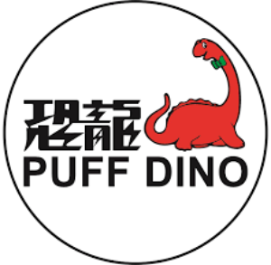 Logo of PUFF DINO with a red dinosaur illustration on a black background